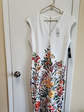 New York & Company White Floral Midi Dress with Multicolor Bloom Print